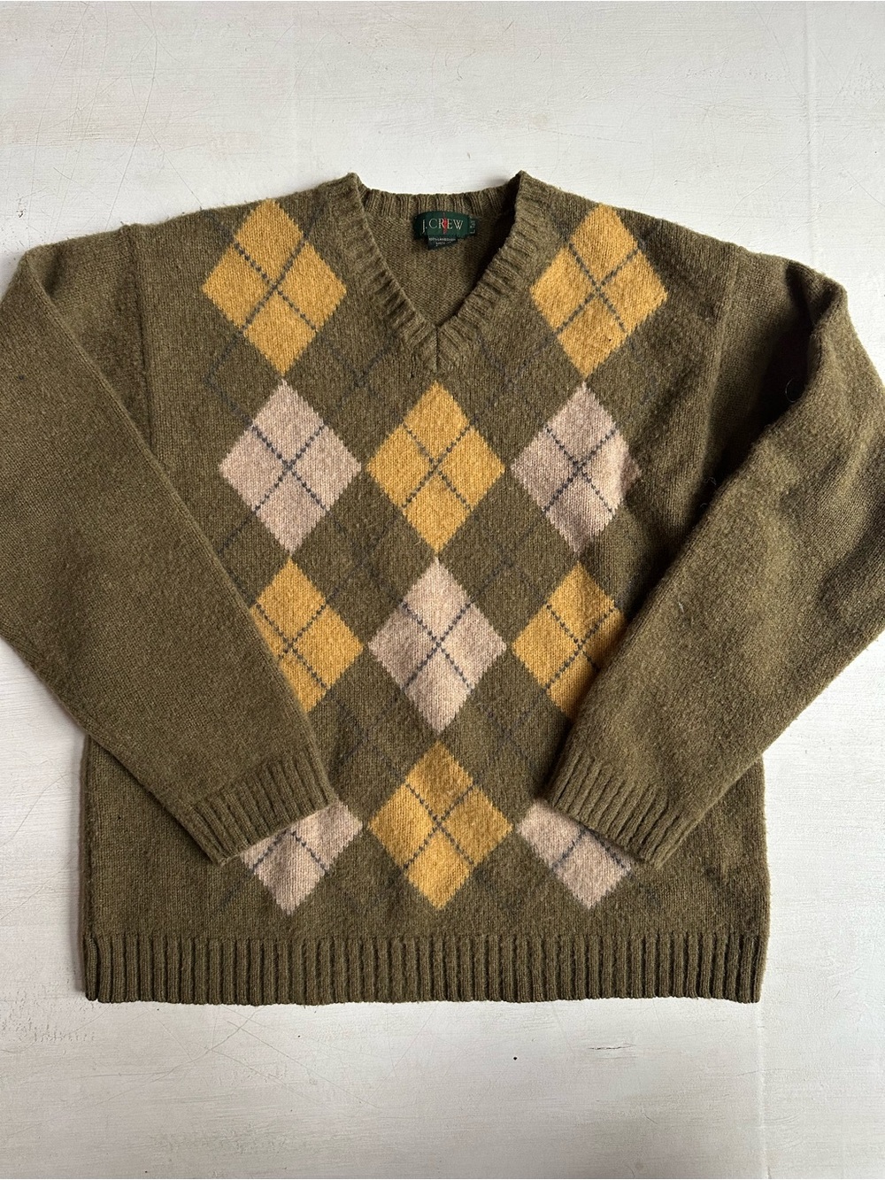 Vintage J Crew Olive Green Argyle V Neck Wool Sweater